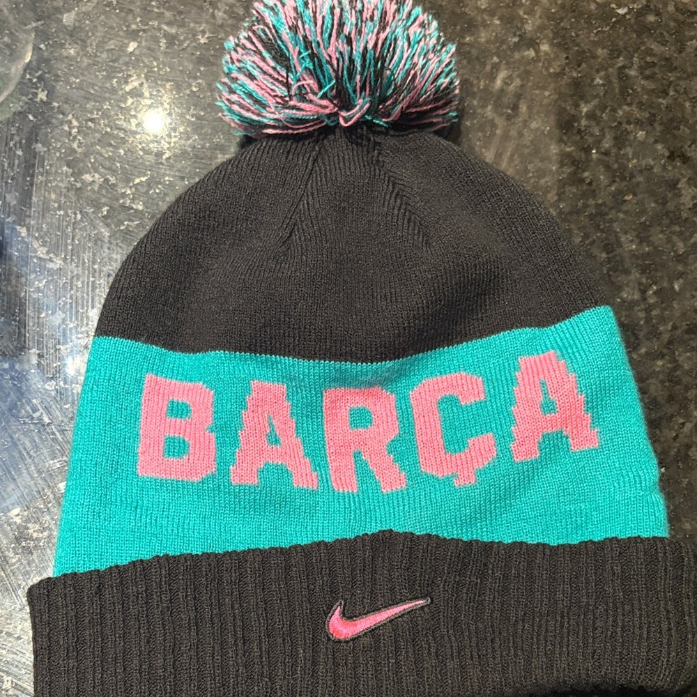 Nike Kids' Black and Teal Beanie with Pink Accents